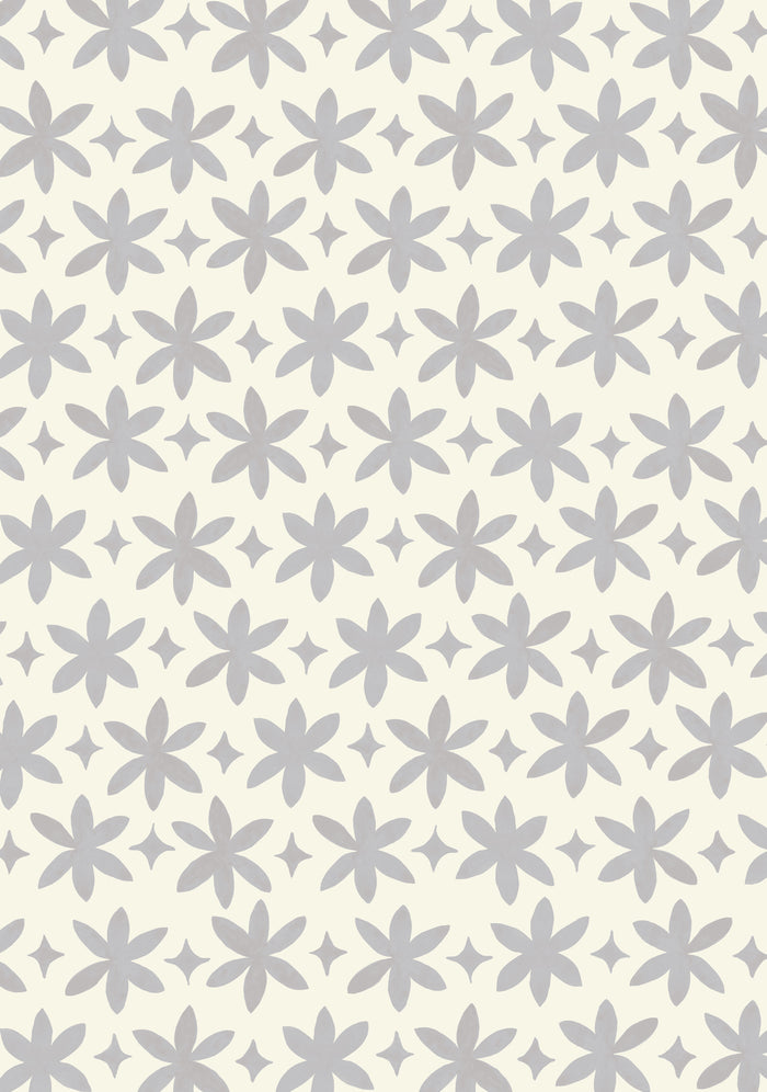 Paper Flower Wallpaper - Pale Graphite Grey on Creamy White