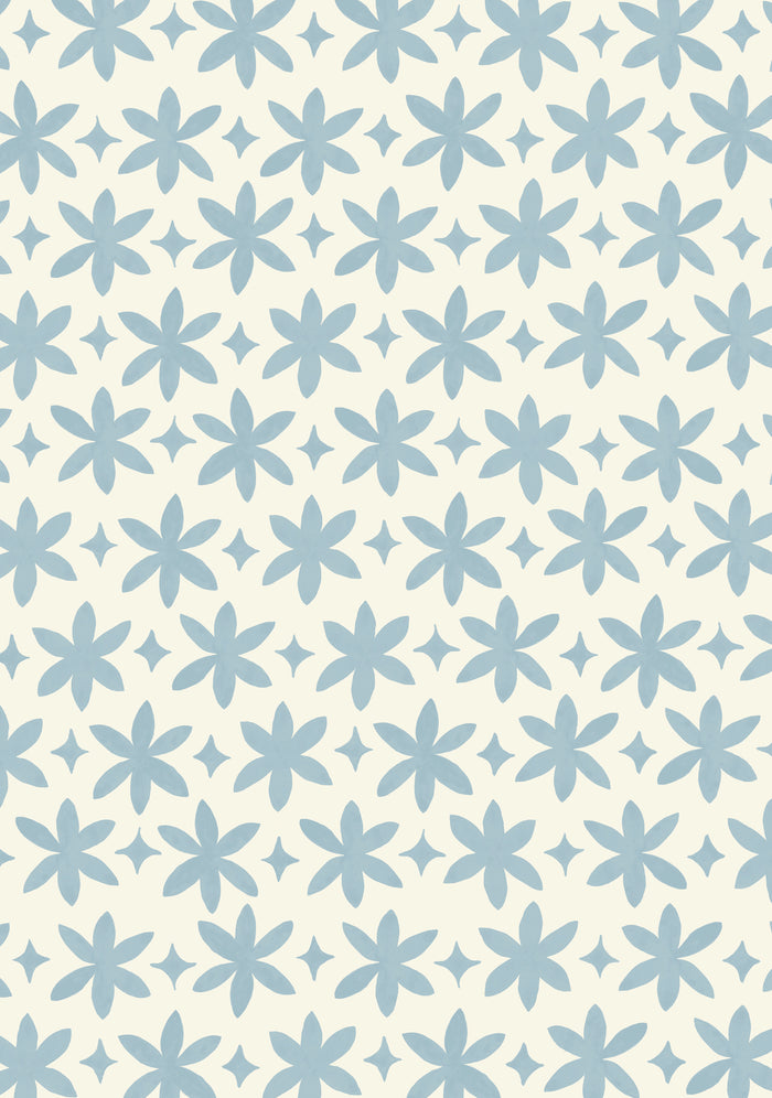 Paper Flower Wallpaper - Pale Cerulean on Creamy White